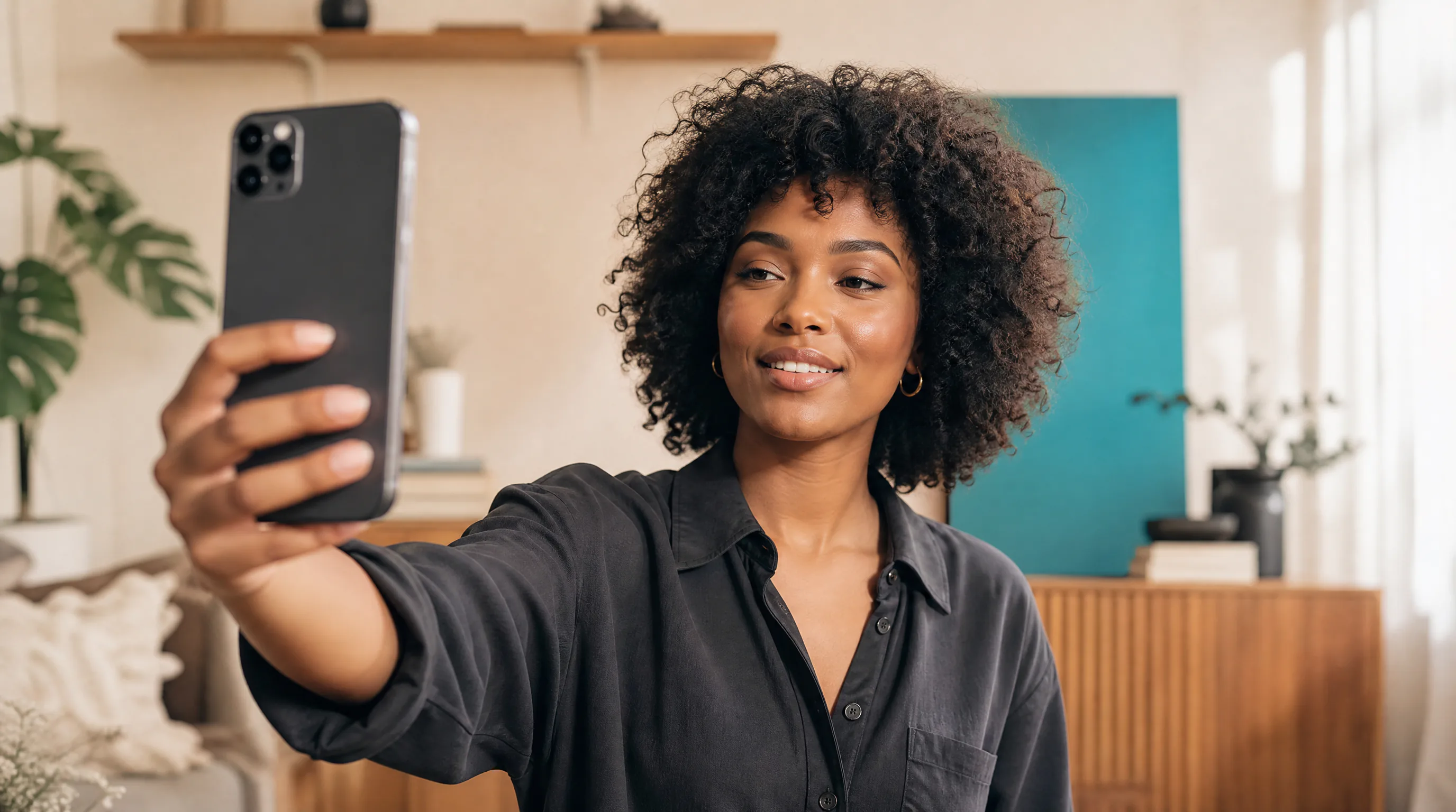 Creator recording her face for a reusable AI avatar selfie clip.