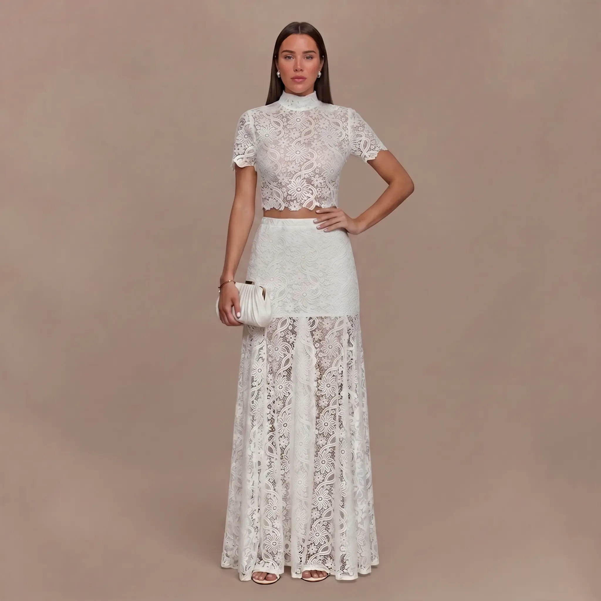 LikeMyChoice 2026 Romantic Floral Lace Short-Sleeve Two-Piece Set | Sexy Sheer Crop Top & High-Waist Lined Mini Skirt Coquette Aesthetic Night-Out Outfit | Viral Lace Matching Set Summer