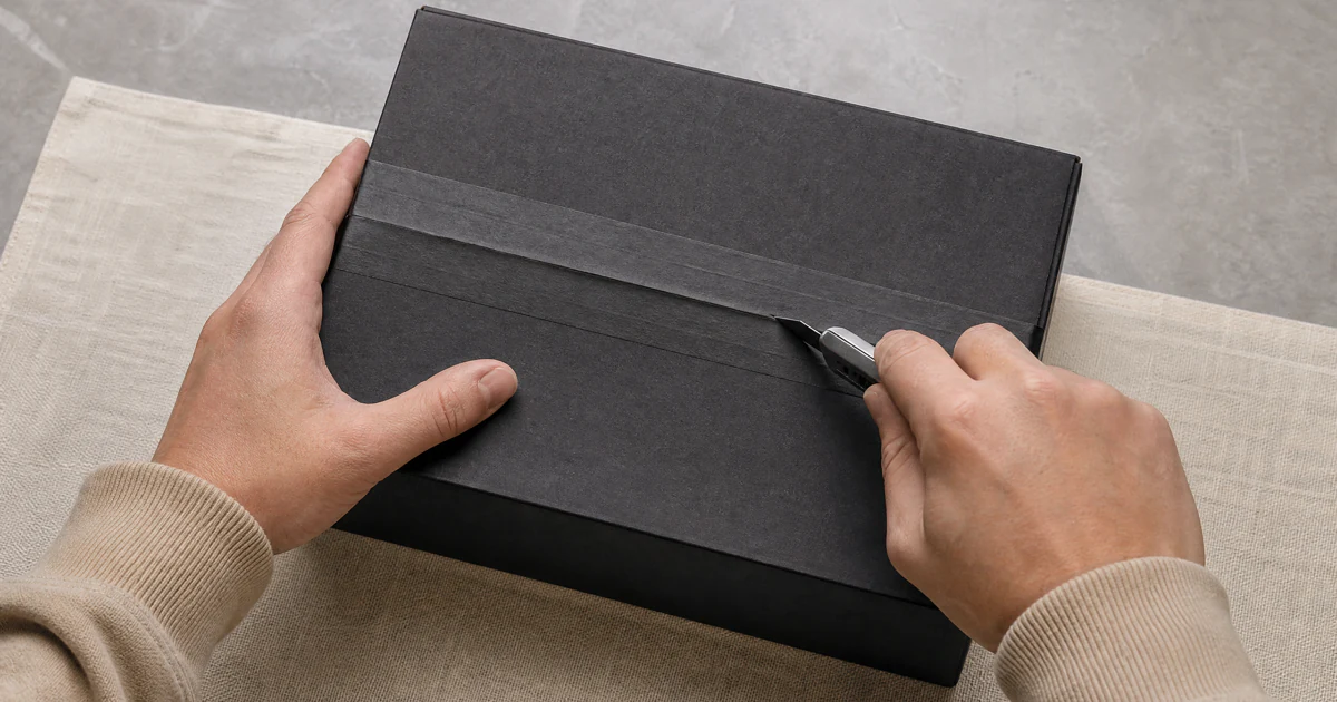 Hands cutting the seal on an unbranded shipping box before the reveal