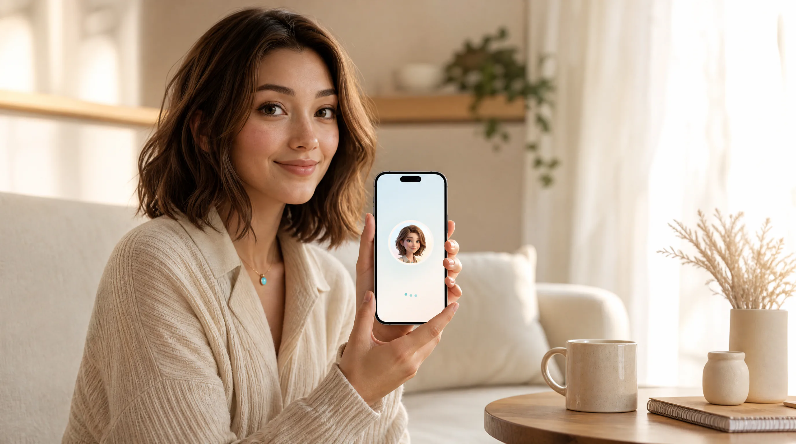 Creator holding a phone with a friendly AI assistant avatar