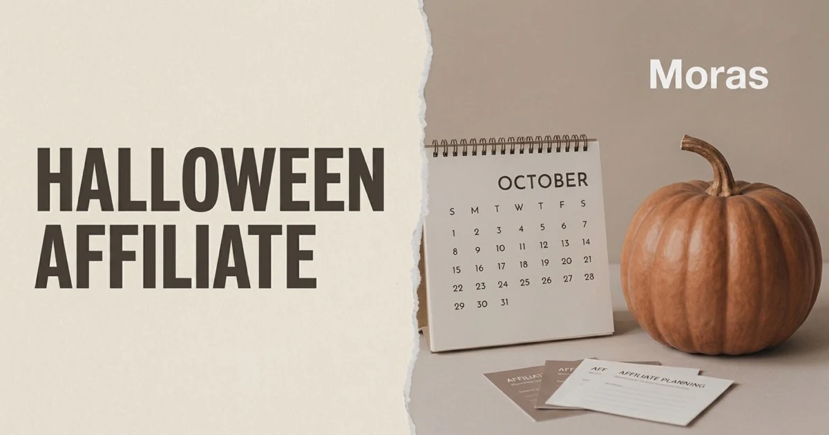 Editorial Blog cover for a TikTok Shop Halloween affiliate saturation calendar, with a bold HALLOWEEN AFFILIATE headline in a pale ivory panel, a warm-neutral October calendar, restrained Halloween planning cards, and one Moras wordmark.