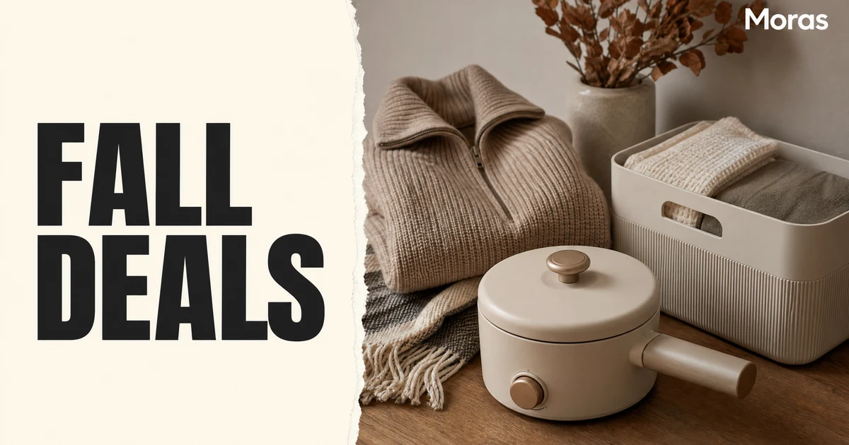 Editorial Blog cover for a TikTok Shop Fall Deals affiliate playbook, with a bold FALL DEALS headline on a warm ivory panel, cozy fall home products and a staged sales scene on the right, and one Moras wordmark.
