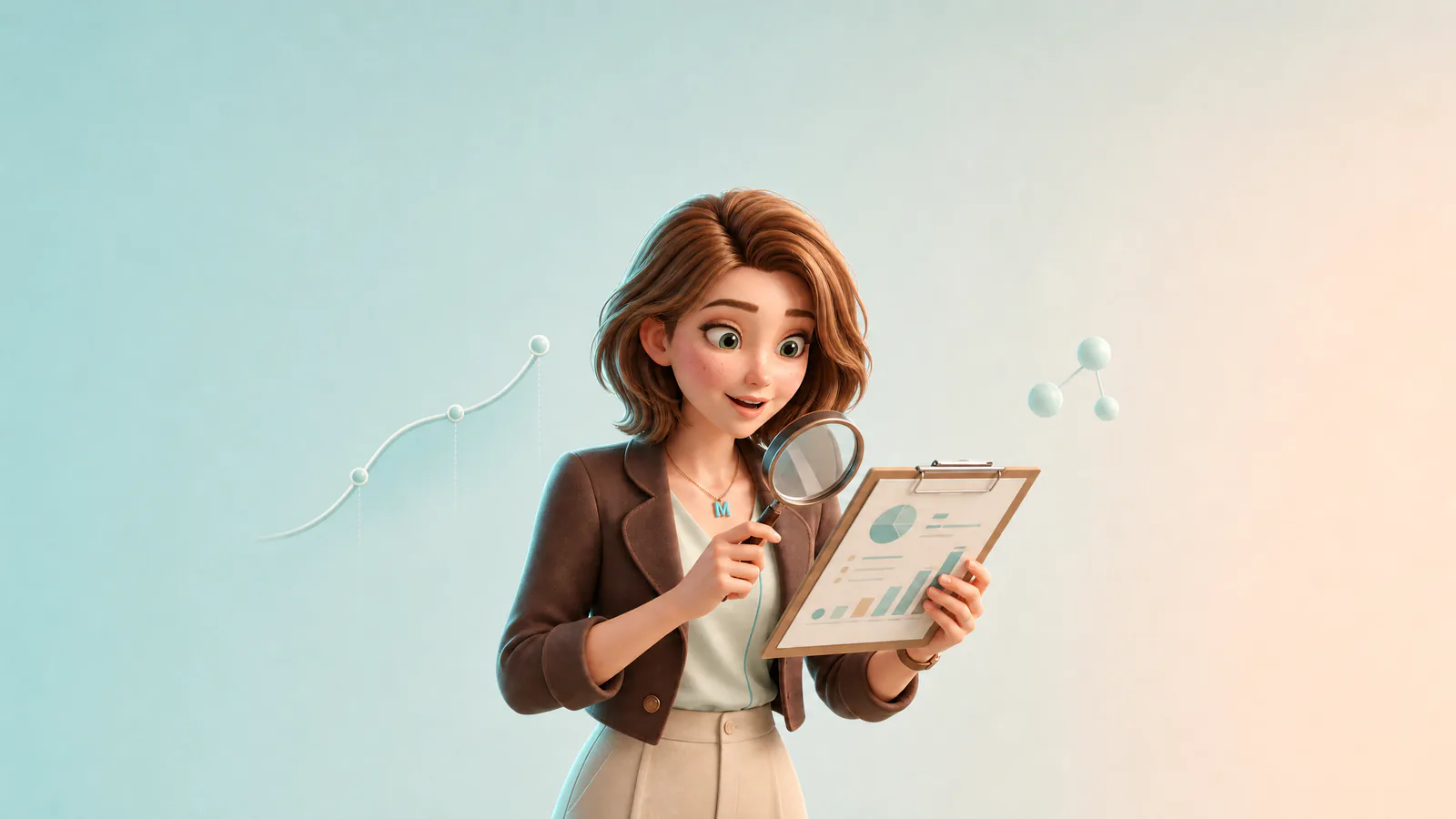 Moras Market Researcher examining an analytics clipboard with a magnifying glass