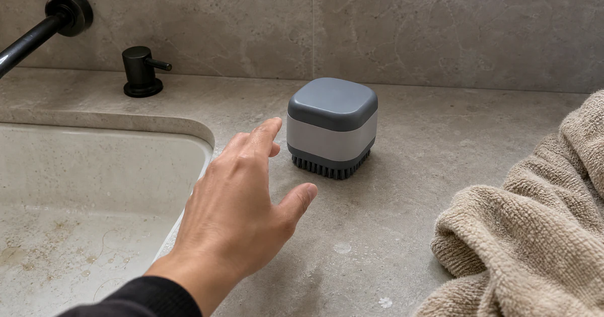 A first-person hand reaching toward an unbranded cleaning product on a bathroom counter