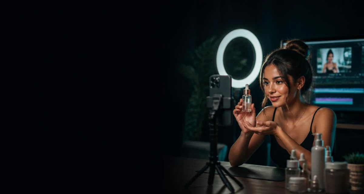 TikTok Shop creator filming a close-up product demonstration clip with a phone and ring light