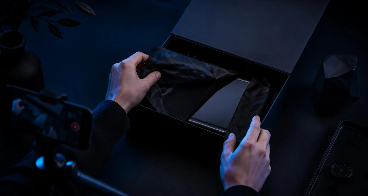 Overhead shot of hands opening a premium dark shipping box with a phone filming the reveal