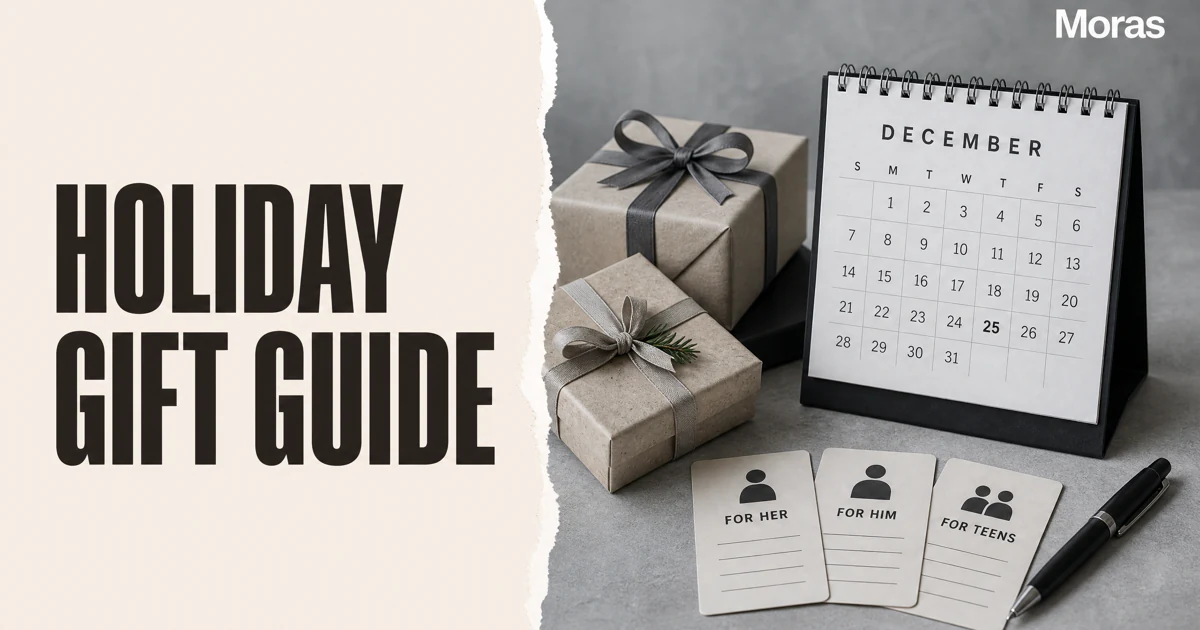 Editorial Blog cover for a TikTok Shop holiday gift guide affiliate playbook, with a bold HOLIDAY GIFT GUIDE headline in a pale ivory panel, a cool-neutral December calendar, wrapped gifts, recipient planning cards, and one Moras wordmark.