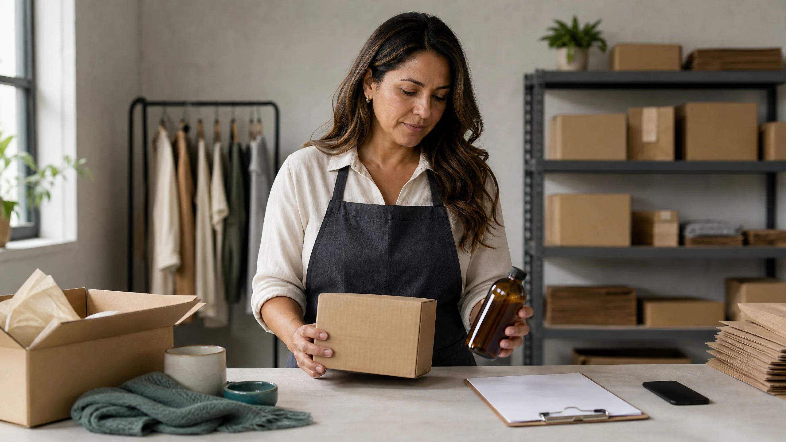 TikTok Shop seller packing an unbranded product order in a small stockroom