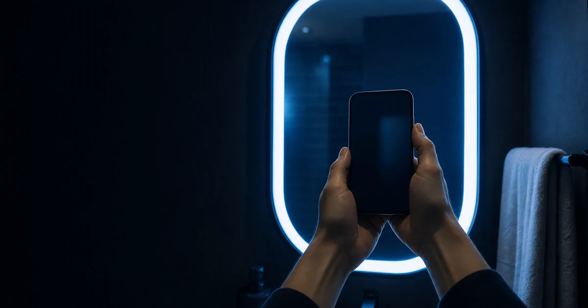 First-person view of a hand holding a product in front of a lit bathroom mirror while filming on a phone