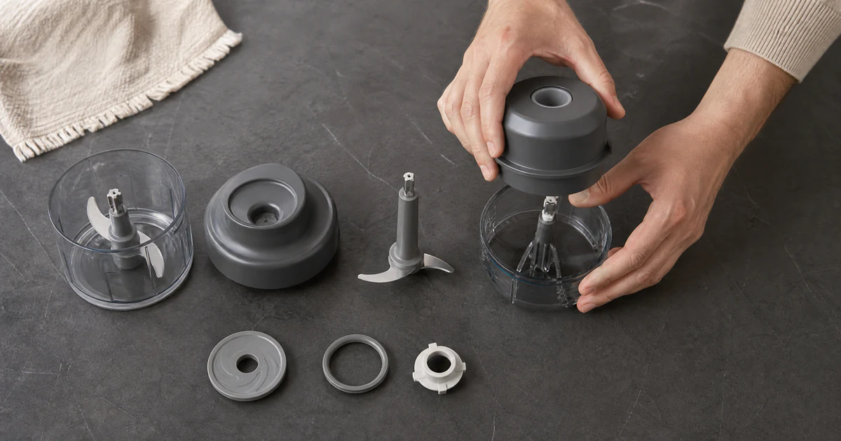 Hands assembling an unbranded kitchen gadget in a numbered tutorial sequence