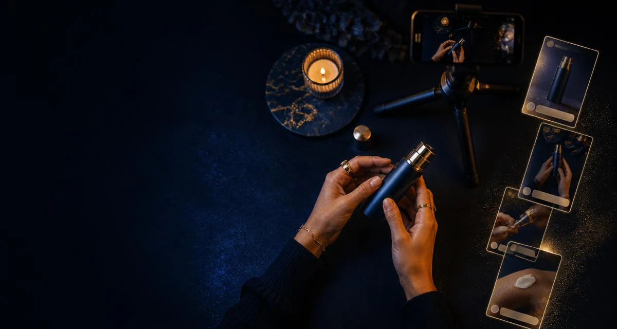 Overhead shot of hands demonstrating a product on a dark surface while a phone films the faceless TikTok Shop video