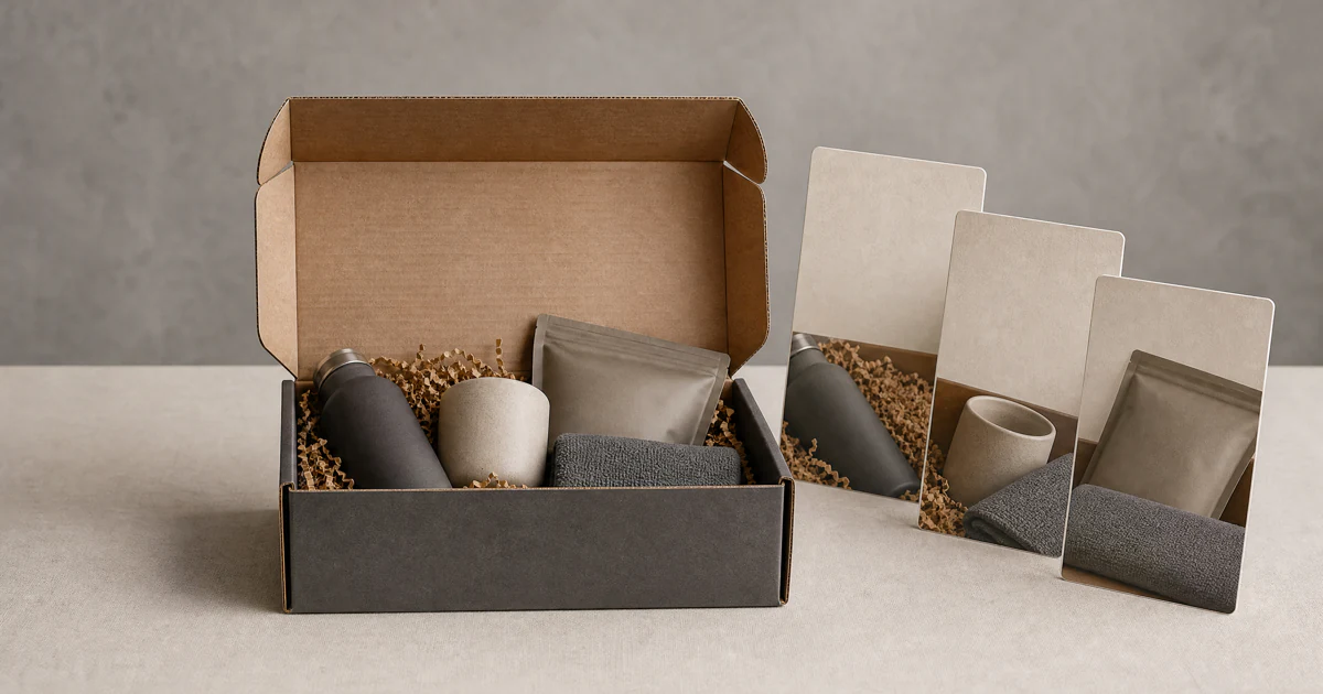 An opened unbranded box beside three blank vertical video frame cards