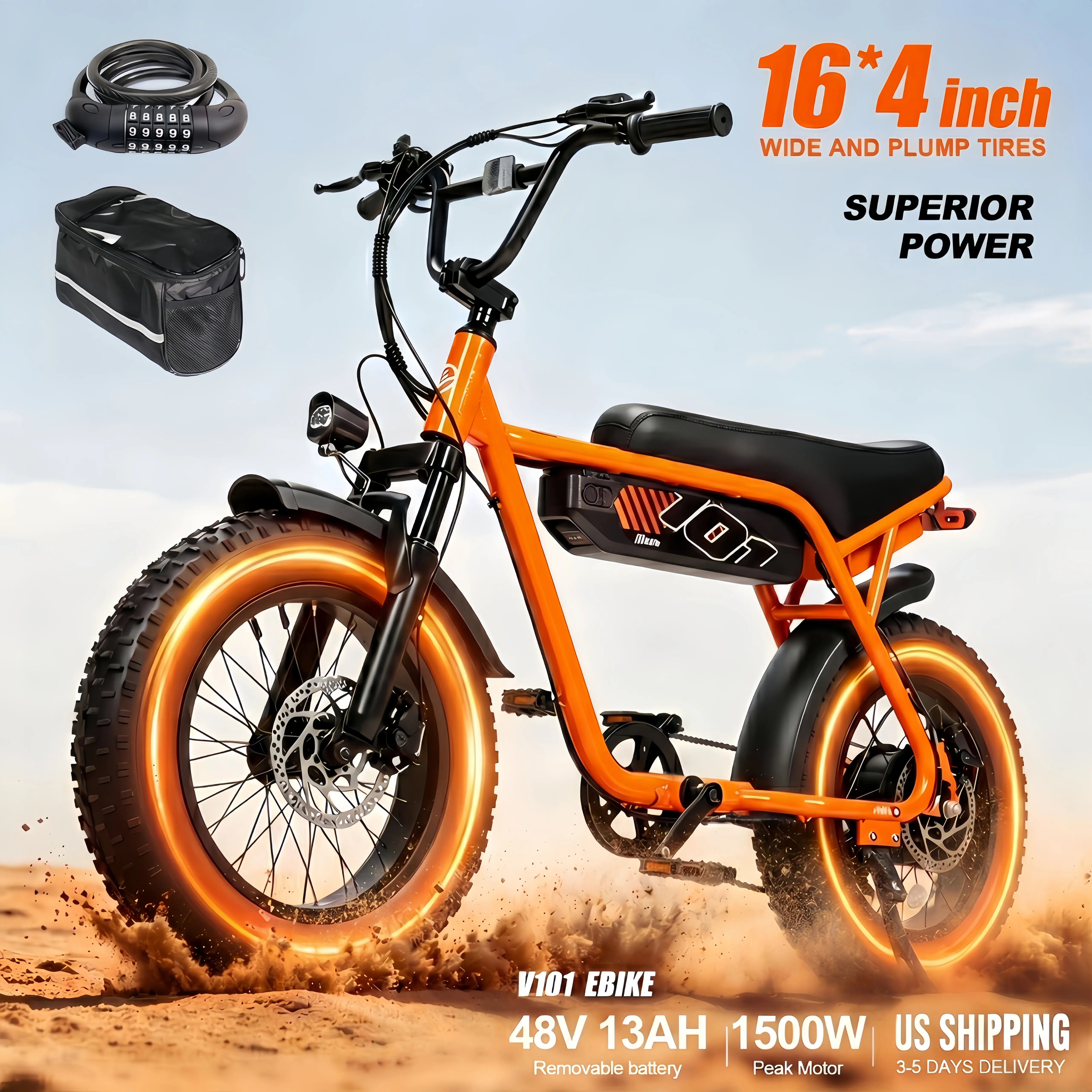 ESKUTE V101 1500W Peak Electric Bike, 28MPH 16x4.0 Fat Tire, Back to School Commuter Ebike | 60Mi Range (w/ PAS 1), 48V 13Ah, 330lb Load, 7-Speed Smart NFC, All-Terrain Off-Road [Bicicleta Eléctrica],camping essentials