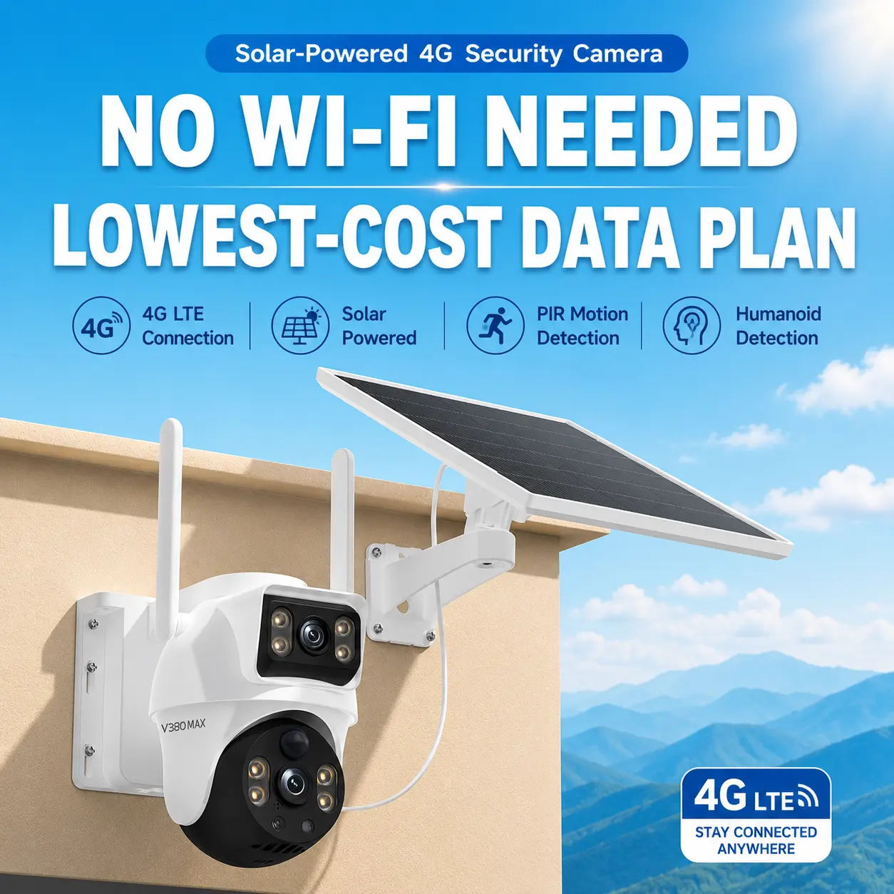 4G Solar Dual Lenses Security Camera, Wireless Outdoor, AI Human Detection, Dual View, 355° Pan 90° Tilt, PIR Motion Alert, IP65 Waterproof, Night Vision, App Remote, No WiFi Needed, Home Security System, Ai Security Camera System