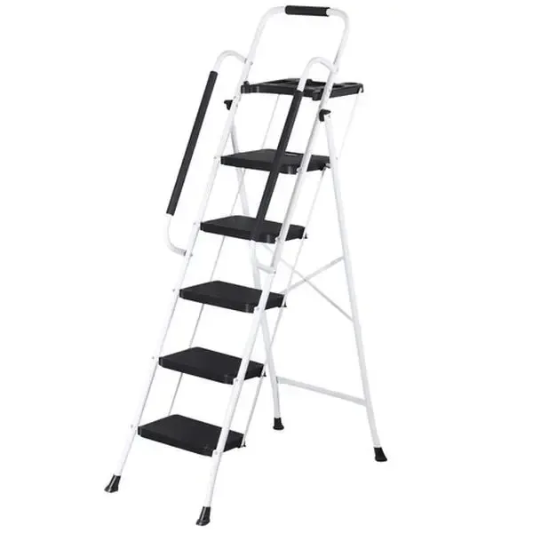 TikTok Shop video by @mikeyandmandy_ — Folding Steel Ladders (3/4/5-Step), Non-Slip Wide Pedal Step Stool with Soft Foam Handrails, Tool Tray Ready, Tool-Free Assembly for Quick First Use, Ideal for Reaching High Shelves for Quick Cleaning