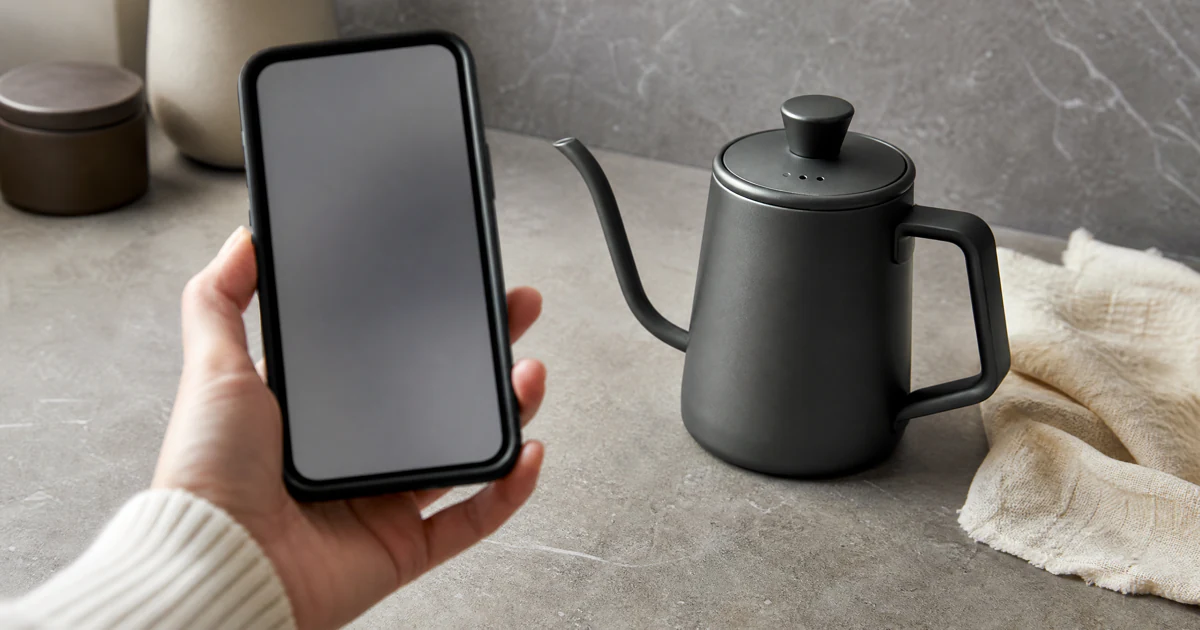 A hand holding a phone at eye level toward an unbranded product on a kitchen counter