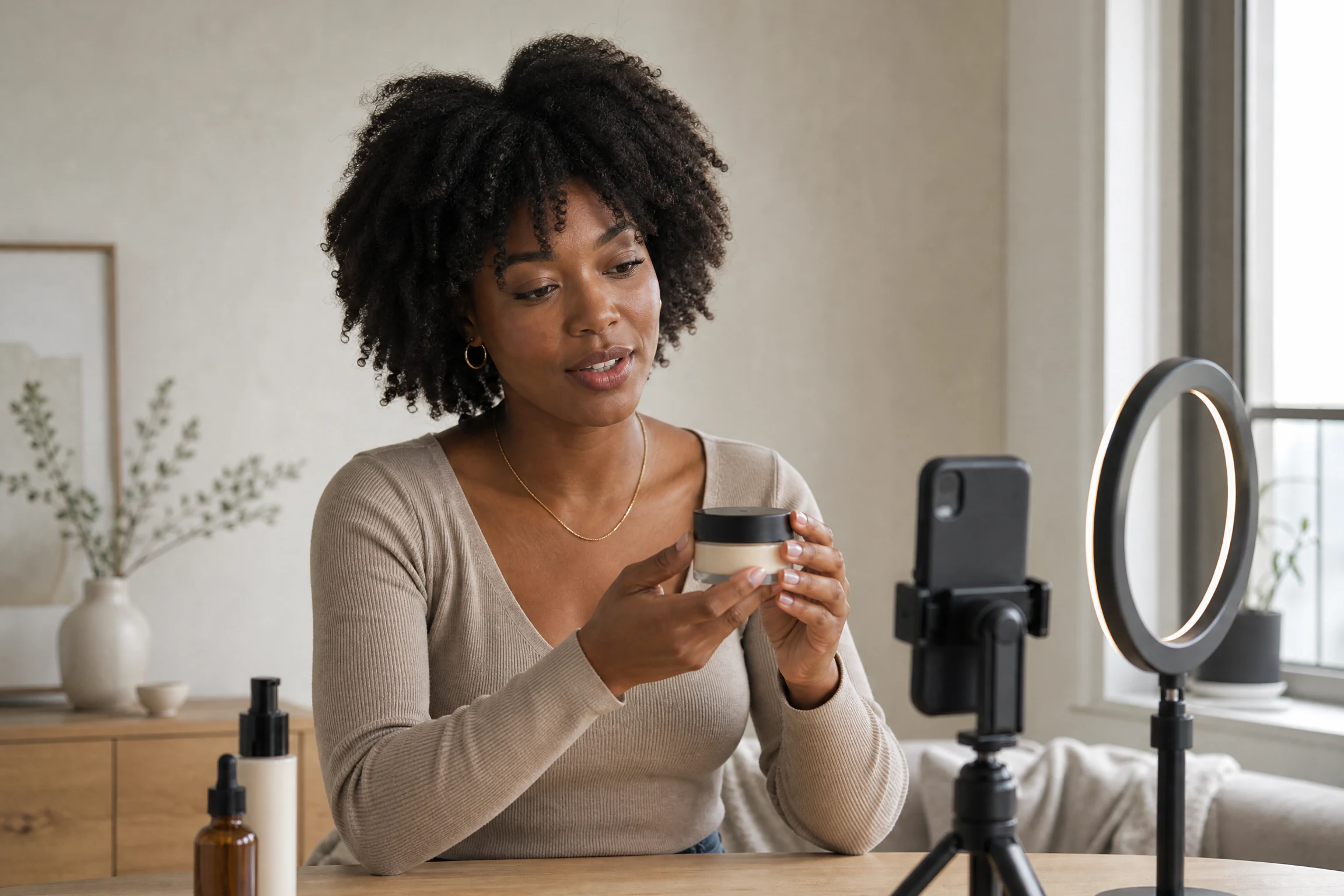 Black American TikTok creator filming an unbranded product video at home