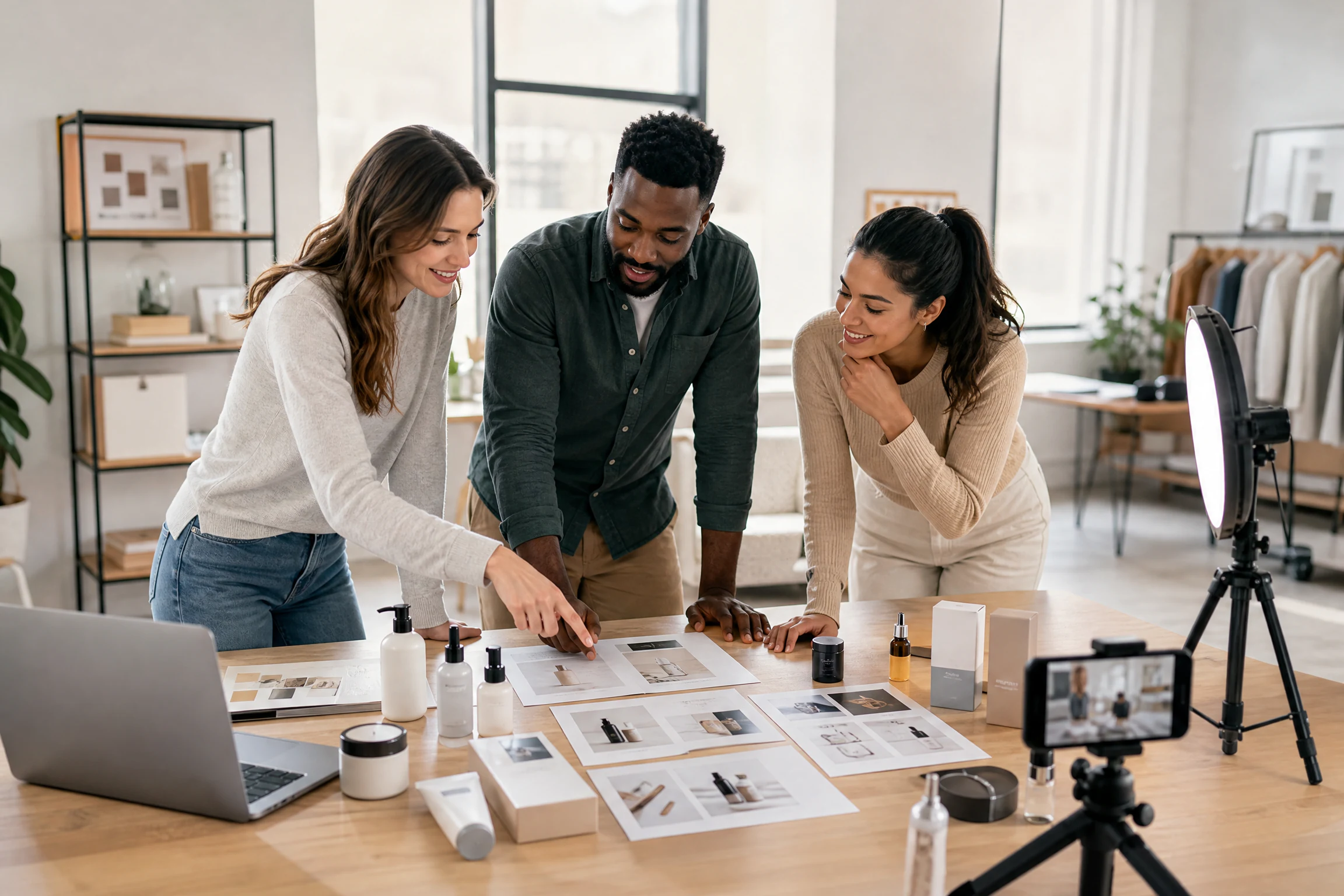 Diverse American agency team coordinating product campaigns and video production