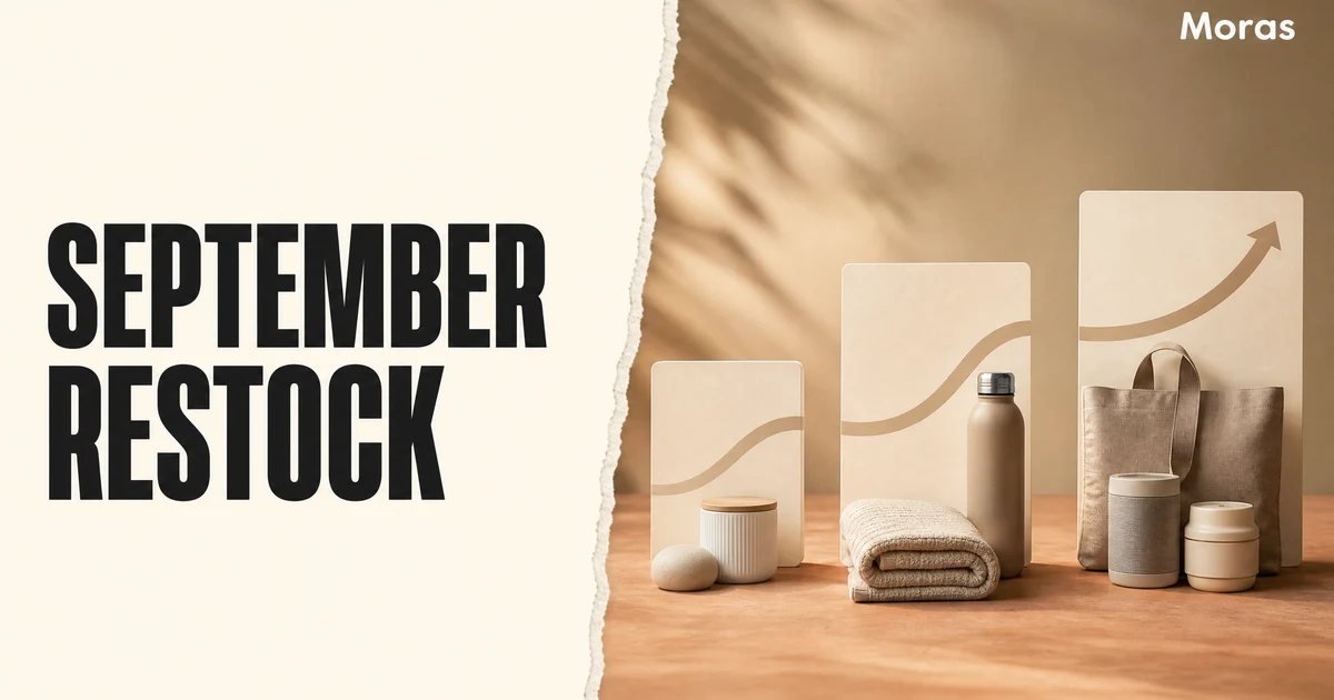 Editorial Blog cover for a TikTok Shop September Restock affiliate wave strategy, with a bold SEPTEMBER RESTOCK headline on a warm ivory panel, staged fall-transition products and rising-sales cards on the right, and one Moras wordmark.