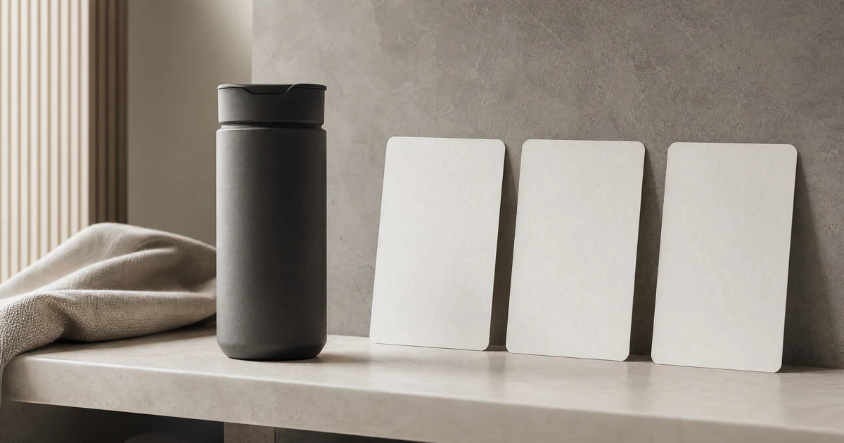An unbranded routine product beside three blank vertical video frame cards