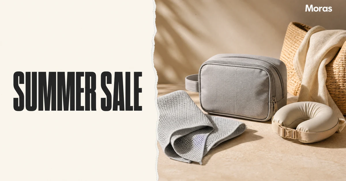 Editorial Blog cover for a TikTok Shop Summer Sale affiliate playbook, with a bold SUMMER SALE headline on a warm ivory panel, travel and cooling products in a bright seasonal setup on the right, and one Moras wordmark.