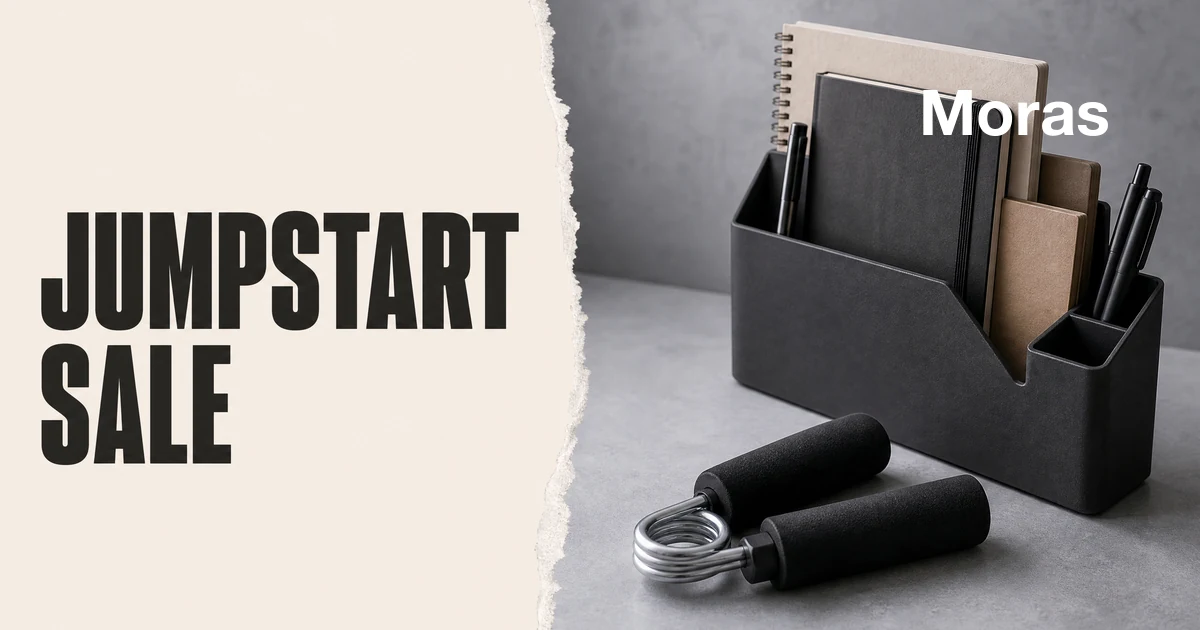 Full-bleed editorial Blog cover for TikTok Shop Jumpstart Sale Affiliate Playbook, with the bold headline JUMPSTART SALE inside a continuous pale warm-ivory panel on the left, a restrained torn-paper divider, and an unbranded desk organizer with a small fitness accessory in the independent cool-neutral right-side area. The cover includes one Moras wordmark in the upper-right corner and no unrelated text or logos.