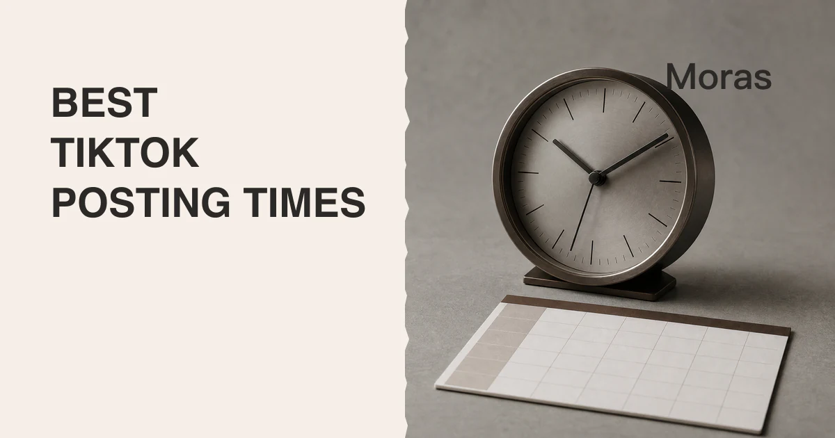Full-bleed editorial Blog cover for Best Times to Post on TikTok, with the bold headline BEST TIKTOK POSTING TIMES inside a pale warm-ivory panel on the left, a restrained torn-paper divider, and a realistic cool-neutral analog clock with a blank scheduling card on the right. The cover includes one dark Moras wordmark in the upper-right and no unrelated text or interface.
