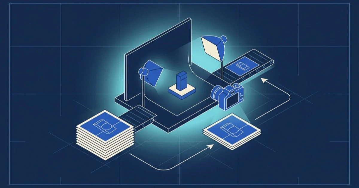 Line drawing of a table-top product studio with lights and a camera