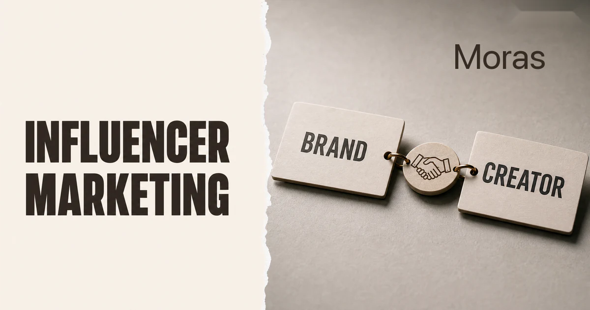 Full-bleed editorial Blog cover for TikTok Shop Influencer Marketing: How Brands Find and Vet Creators (2026), with the bold headline INFLUENCER MARKETING inside a continuous pale warm-ivory panel on the left, a restrained torn-paper divider, and one title-relevant realistic editorial visual in the independent right-side area. The cover includes one Moras wordmark, thicker semi-condensed headline typography, and no outer frame or unrelated text.
