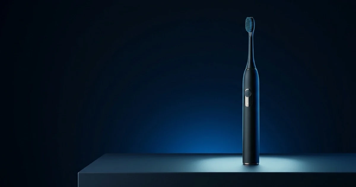 A single product lit on a dark studio pedestal with a cobalt blue rim light