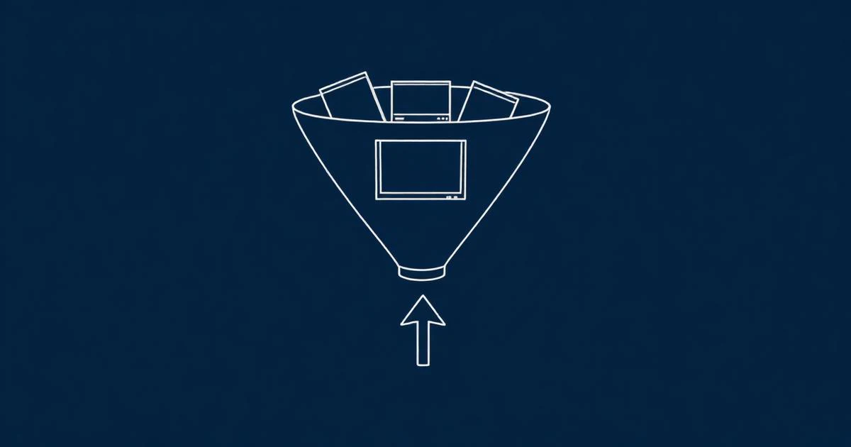 Line drawing of a funnel with three video frames at different stages