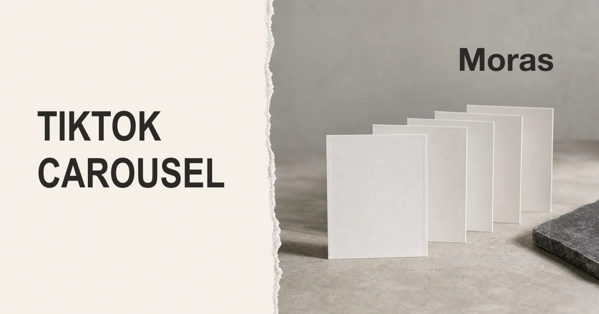 Full-bleed editorial Blog cover for How to Make a Carousel on TikTok, with the bold headline TIKTOK CAROUSEL inside a continuous pale warm-ivory panel on the left, a restrained torn-paper divider, and a sequence of blank photo cards representing a TikTok Photo Mode carousel in the independent cool-neutral right-side area. The cover includes one Moras wordmark in the upper-right and no unrelated text or logos.