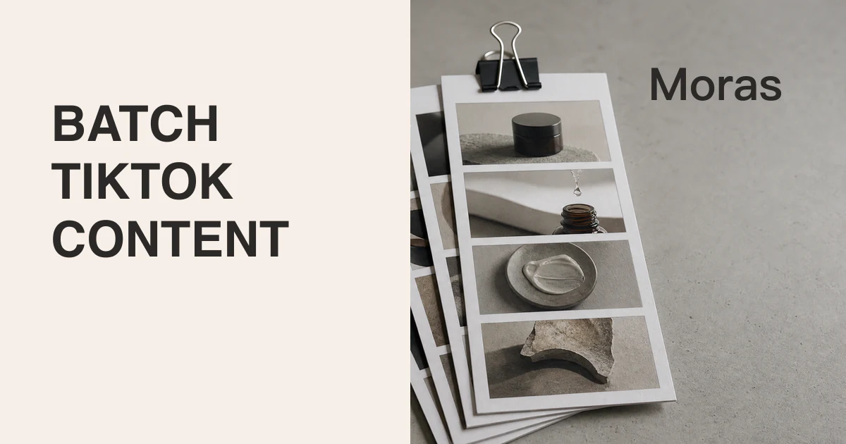 Full-bleed editorial Blog cover for How to Batch Content for TikTok Without Losing Quality, with the bold headline BATCH TIKTOK CONTENT inside a pale warm-ivory panel on the left, a restrained torn-paper divider, and a cool-neutral stack of product storyboard cards held by a binder clip on the right. The cover includes one dark Moras wordmark in the upper-right and no unrelated text or interface.