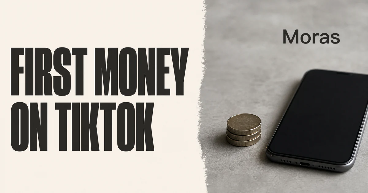 Moras Blog cover with the headline FIRST MONEY ON TIKTOK on a pale ivory panel beside a cool-gray photograph of three stacked coins and a blank-screen smartphone, with the Moras wordmark in the upper-right.