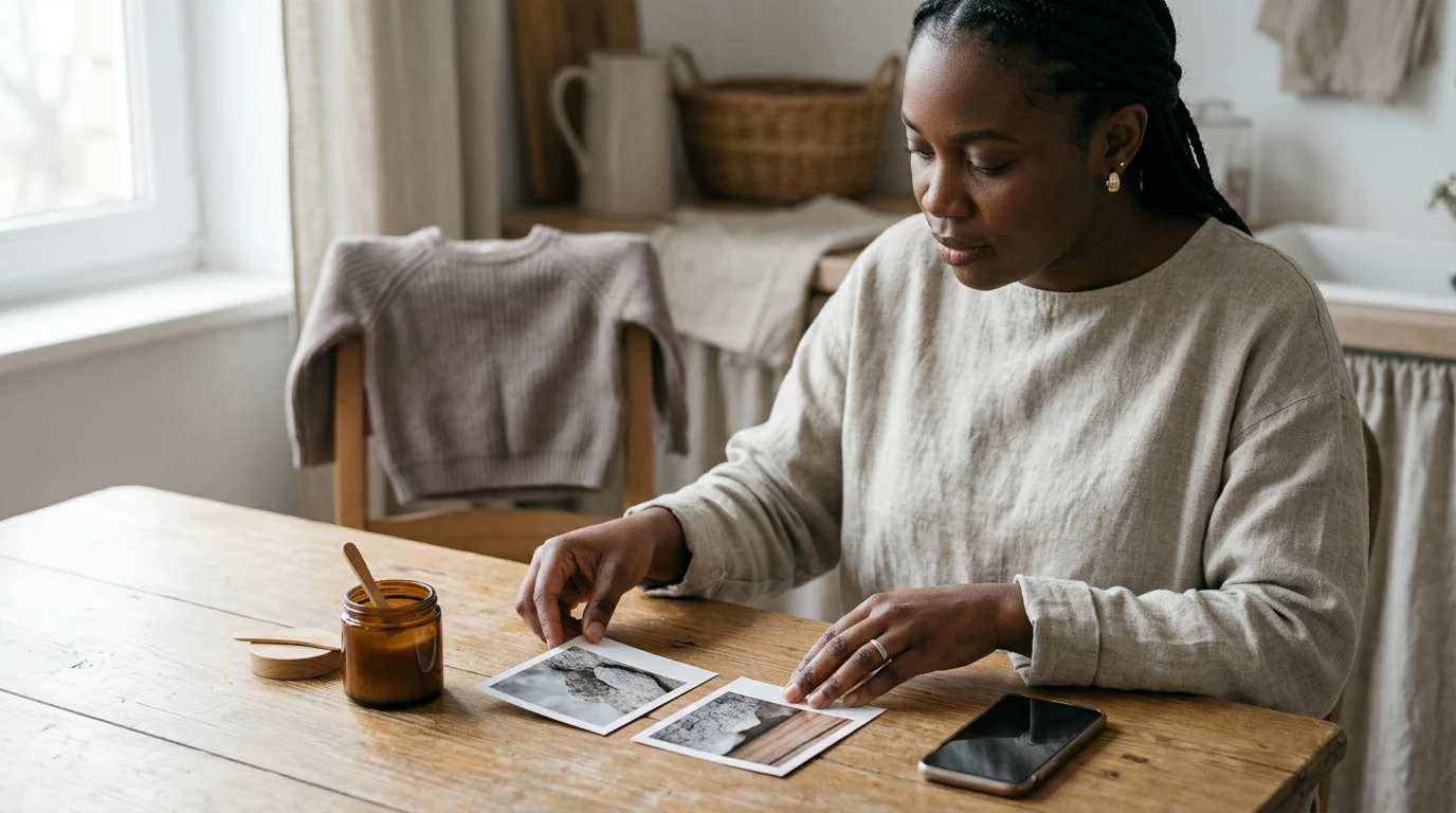 Product imagery and a blank smartphone arranged for camera-free video creation at home