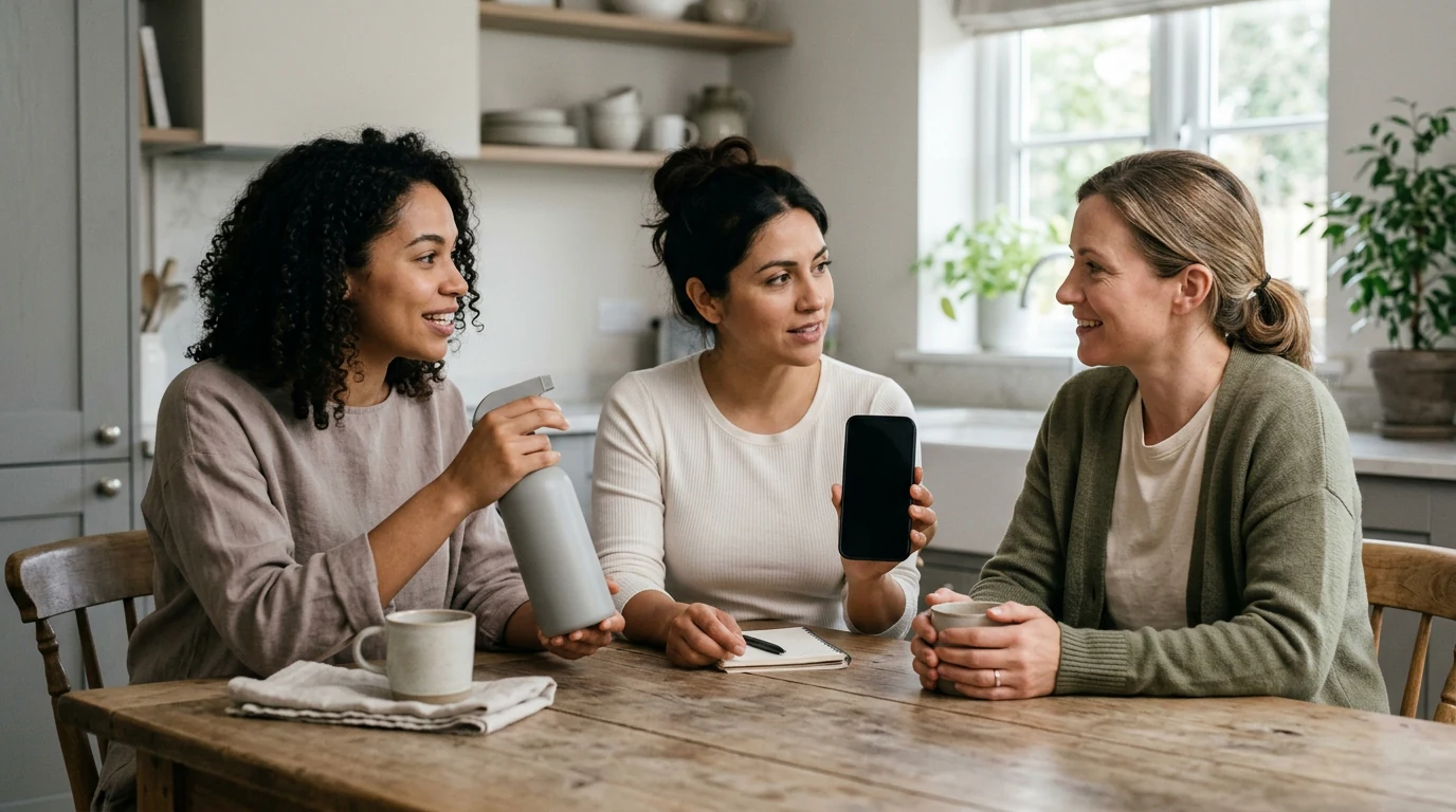 Three stay-at-home moms sharing practical home product ideas around a quiet kitchen table