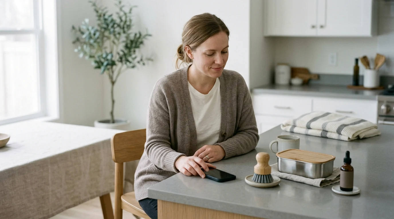 Stay-at-home mom planning a short list of unbranded home products during a quiet moment