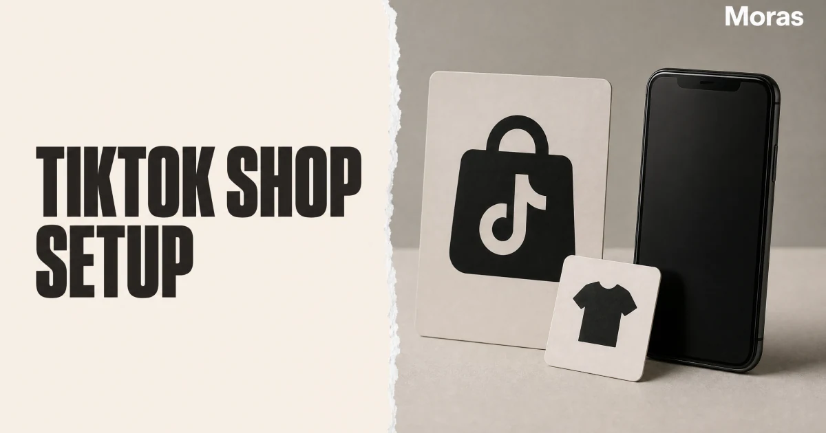 Full-bleed editorial Blog cover for TikTok Shop Setup: Seller or Affiliate Path (2026), with the bold headline TIKTOK SHOP SETUP inside a continuous pale warm-ivory panel on the left, a restrained torn-paper divider, and one title-relevant realistic editorial visual in the independent right-side area. The cover includes one Moras wordmark, thicker semi-condensed headline typography, and no outer frame or unrelated text.