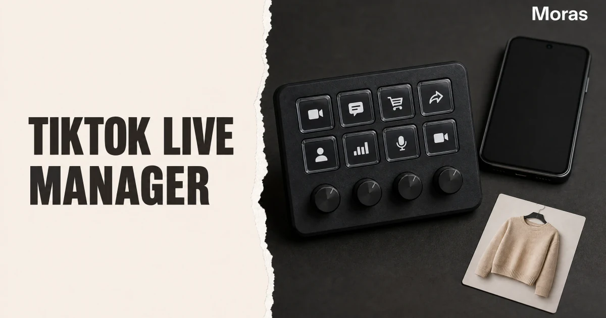 Full-bleed editorial Blog cover for TikTok Live Manager: How to Use It for TikTok Shop Live in 2026, with the bold headline TIKTOK LIVE MANAGER inside a continuous pale warm-ivory panel on the left, a restrained torn-paper divider, and one title-relevant realistic editorial visual in the independent right-side area. The cover includes one Moras wordmark, thicker semi-condensed headline typography, and no outer frame or unrelated text.