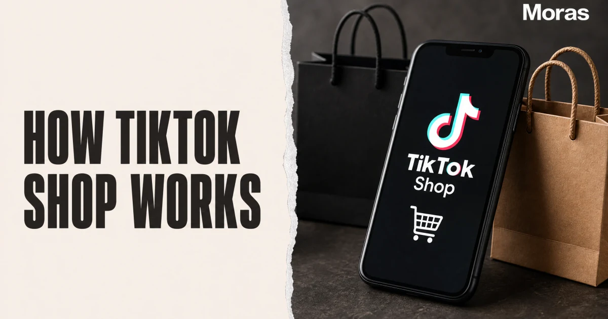 Full-bleed editorial Blog cover for How Does TikTok Shop Work in 2026?, with the bold headline HOW TIKTOK SHOP WORKS inside a continuous pale warm-ivory panel on the left, a restrained torn-paper divider, and one title-relevant realistic editorial visual in the independent right-side area. The cover includes one Moras wordmark, thicker semi-condensed headline typography, and no outer frame or unrelated text.
