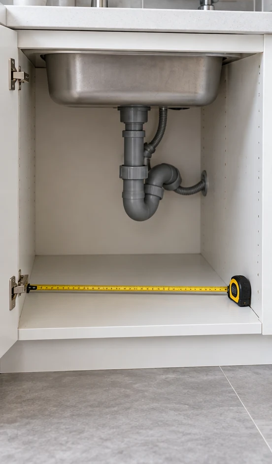 A tape measure checking the available space inside an under-sink cabinet.