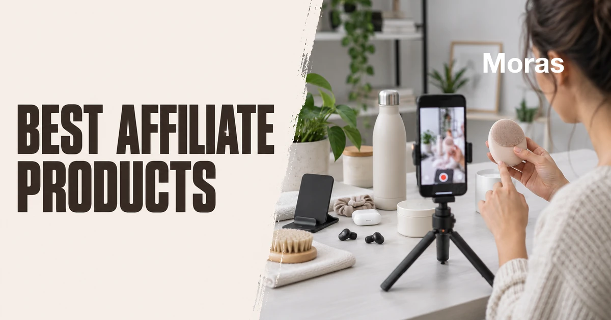 Moras Blog cover with the headline BEST AFFILIATE PRODUCTS on an ivory panel beside a creator demonstrating a beauty product for a smartphone on a tripod, with everyday products on the desk and the Moras wordmark in the upper-right.