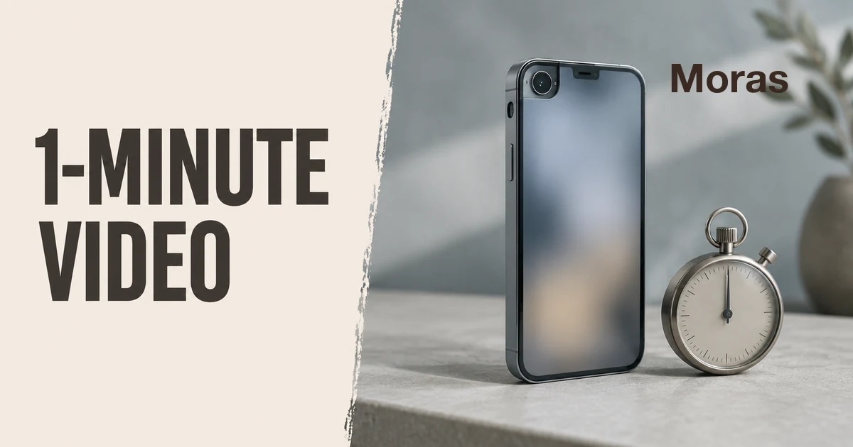 Full-bleed editorial Blog cover for How to Make 1-Minute TikTok Videos for Creator Rewards, with the bold headline 1-MINUTE VIDEO inside a continuous pale warm-ivory panel on the left, a restrained torn-paper divider, and one cool-neutral editorial visual of a blank-screen smartphone beside a simple stopwatch in the independent right-side area. The cover includes one dark Moras wordmark in the upper-right and no unrelated text.