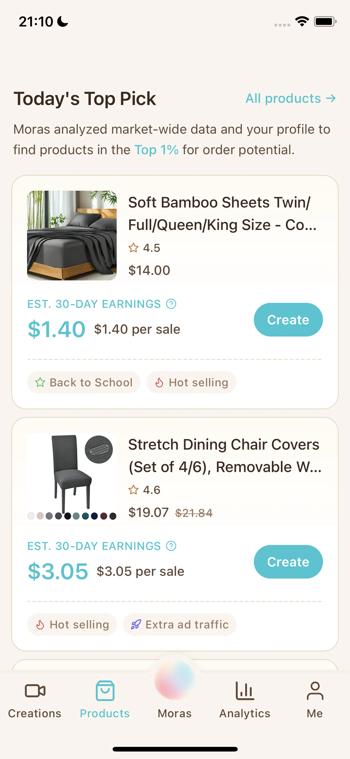 Moras high-potential product library showing product cards with Create controls