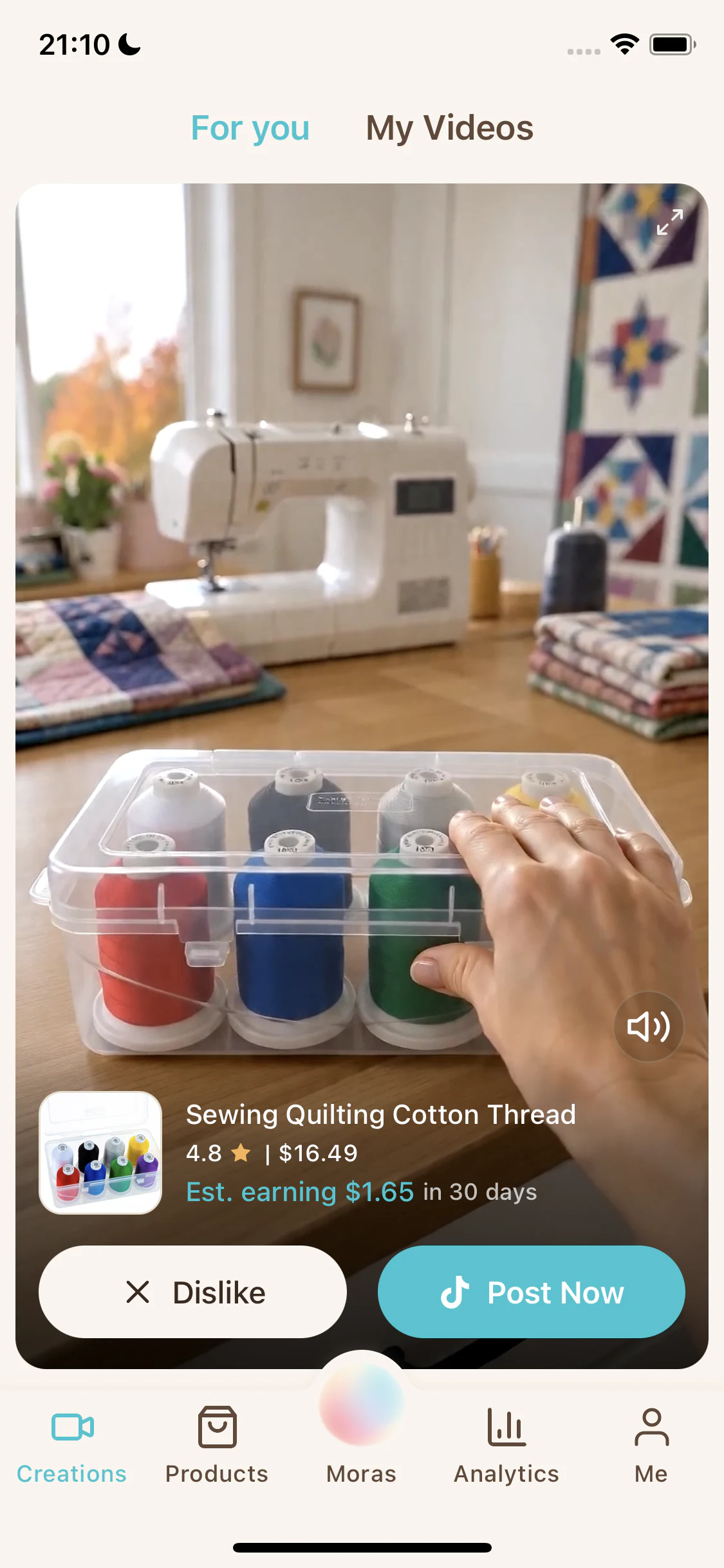 Moras ready-to-post affiliate videos screen with a sewing-thread product video and a Post Now action