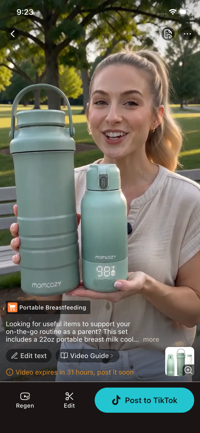 Moras review screen showing a product video, posting text, and the Post to TikTok action