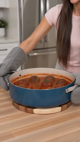 Moras AI video frame showing a finished dish inside the blue pot