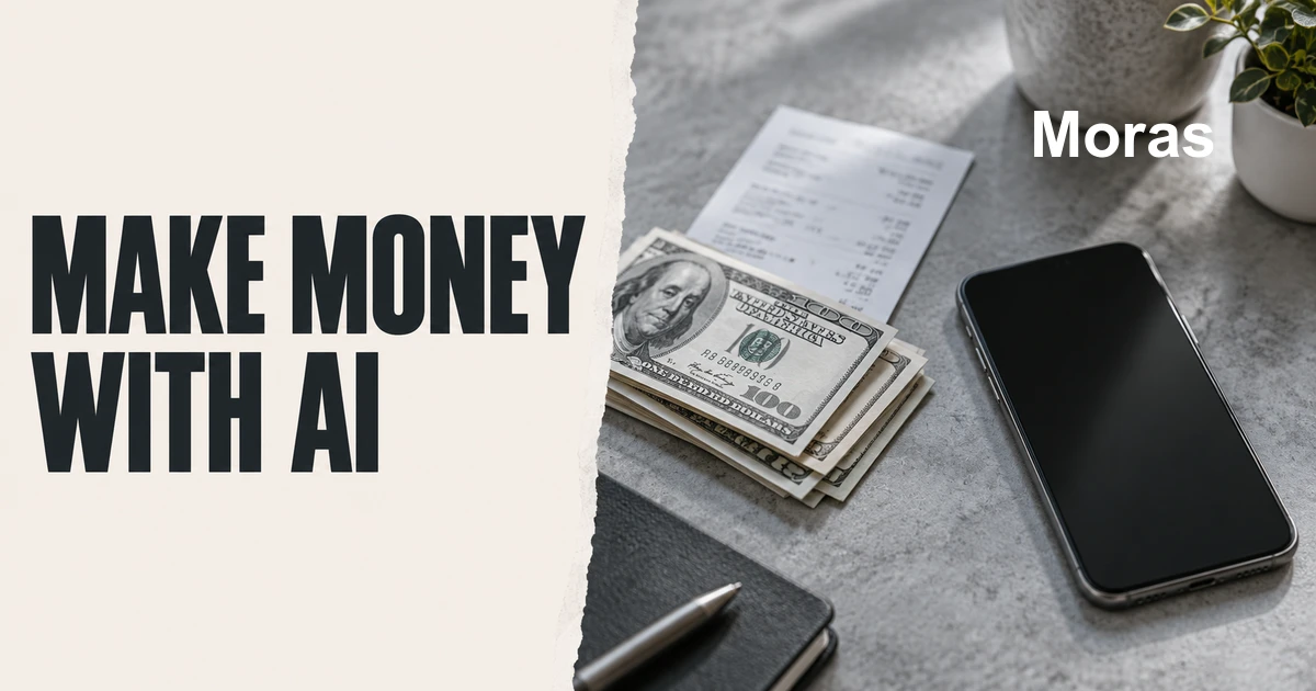 Moras Blog cover with the bold headline MAKE MONEY WITH AI on a pale ivory panel beside a cool-gray photograph of modest banknotes, a payment record, and a blank-screen smartphone, with the Moras wordmark in the upper-right.