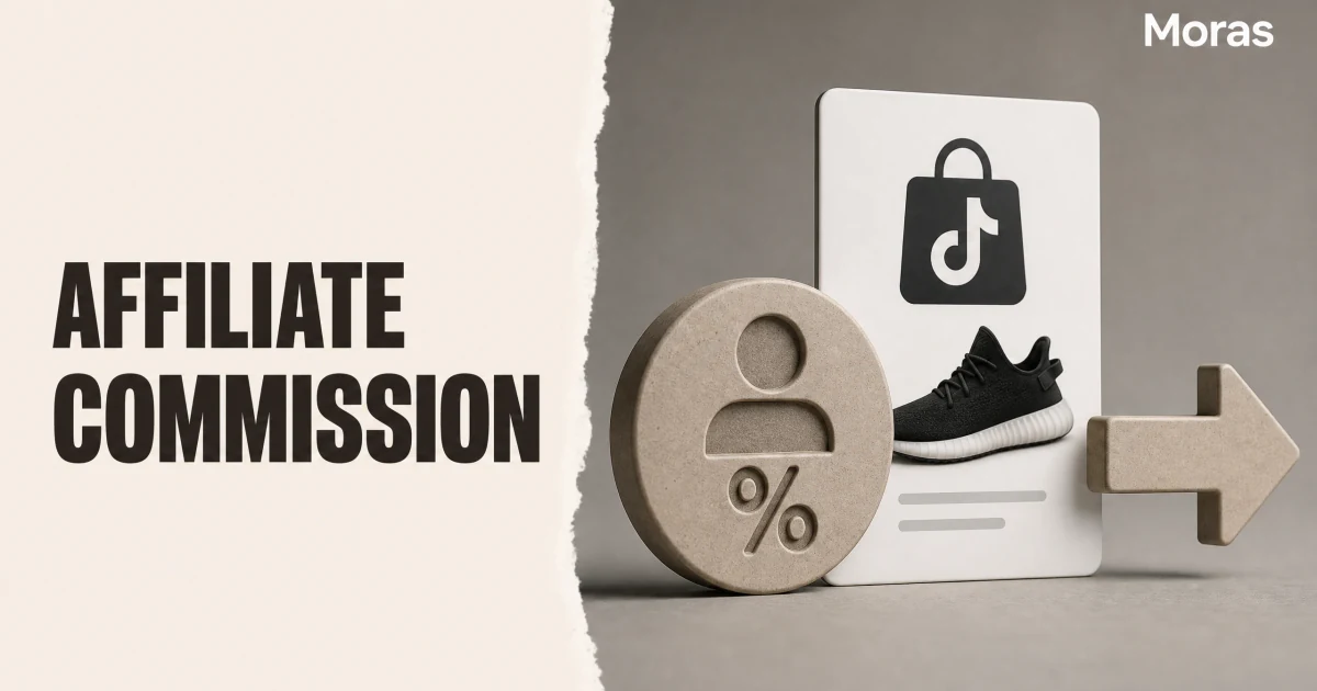 Full-bleed editorial Blog cover for TikTok Shop Affiliate Commission: Rates, Calculation, and Payouts (2026), with the bold headline AFFILIATE COMMISSION inside a continuous pale warm-ivory panel on the left, a restrained torn-paper divider, and one title-relevant realistic editorial visual in the independent right-side area. The cover includes one Moras wordmark, thicker semi-condensed headline typography, and no outer frame or unrelated text.