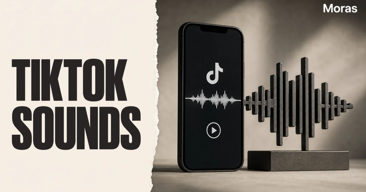 Full-bleed editorial Blog cover for Trending TikTok Sounds That Actually Help Product Videos Convert, with the bold headline TIKTOK SOUNDS inside a continuous pale warm-ivory panel on the left, a restrained torn-paper divider, and one title-relevant realistic editorial visual in the independent right-side area. The cover includes one Moras wordmark, thicker semi-condensed headline typography, and no outer frame or unrelated text.